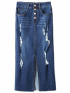 Romwe Blue Buttons Split Front Ripped Denim Skirt