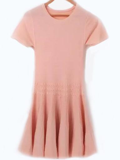 Romwe Short Sleeve Knit Pleated Pink Dress