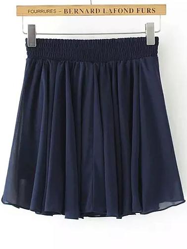 Romwe Navy Elastic Waist Pleated Chiffon Skirt
