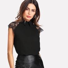 Romwe Lace Cap Sleeve Collared Blouse