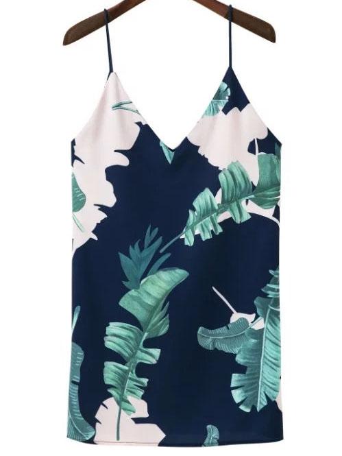 Romwe Double V Neck Tropical Print Cami Dress