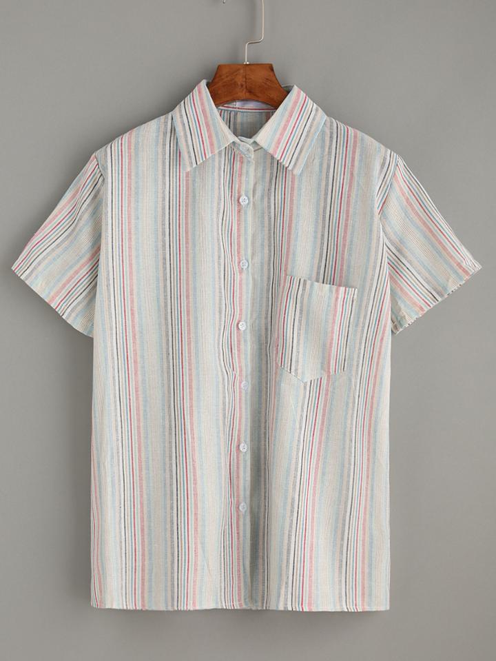 Romwe Multi Stripe Short Sleeve Shirt With Pocket
