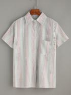Romwe Multi Stripe Short Sleeve Shirt With Pocket