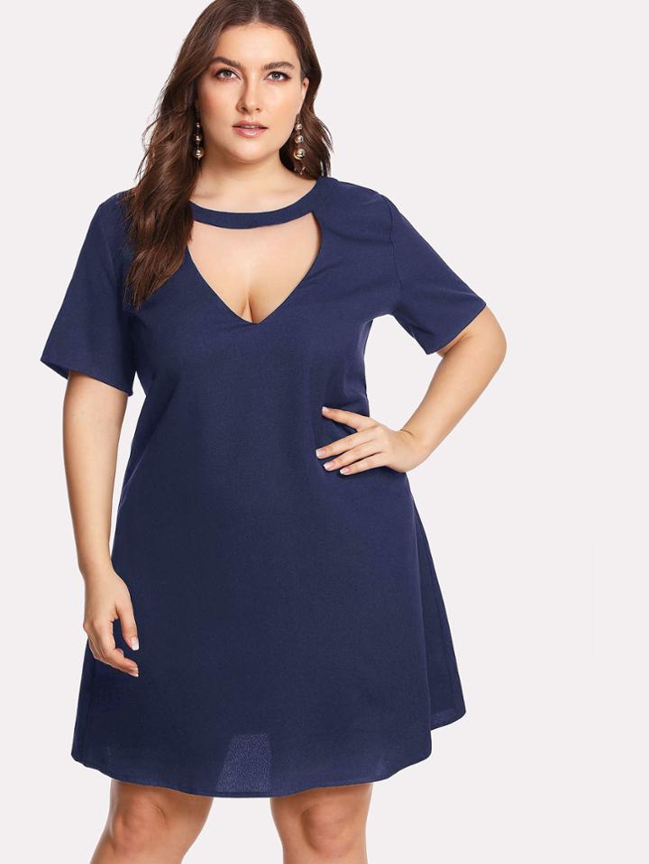 Romwe Cutout Neck Solid Dress