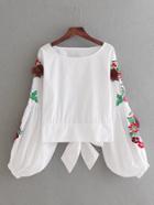 Romwe Flower Embroidery Bow Tie Back Top