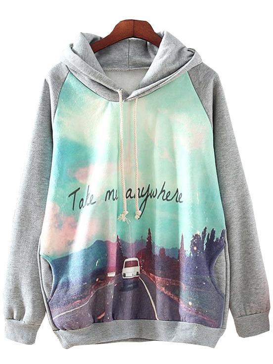 Romwe Grey Hooded Long Sleeve Car Print Sweatshirt