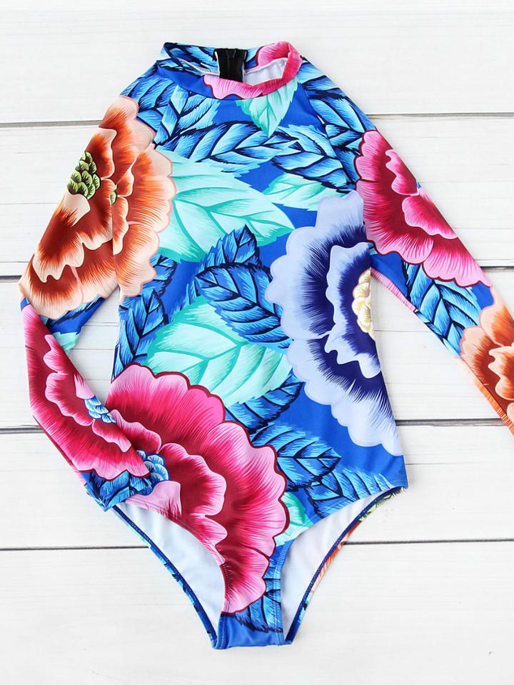 Romwe Flower Print Zipper Back Long Sleeve Swimsuit