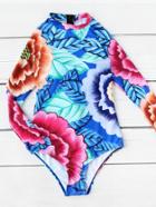 Romwe Flower Print Zipper Back Long Sleeve Swimsuit