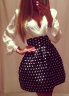 Romwe Deep Plunge Neck Polka Dot Flare Dress