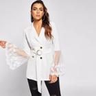 Romwe Embroidered Mesh Insert Bell Sleeve Belted Coat