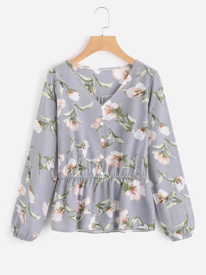 Romwe V Neckline Floral Print Ruffle Hem Top