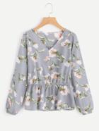 Romwe V Neckline Floral Print Ruffle Hem Top