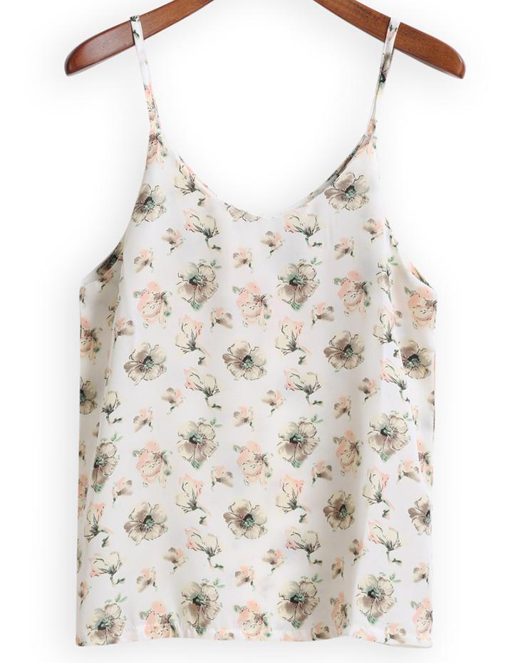 Romwe Spaghetti Strap Florals Chiffon White Cami Top