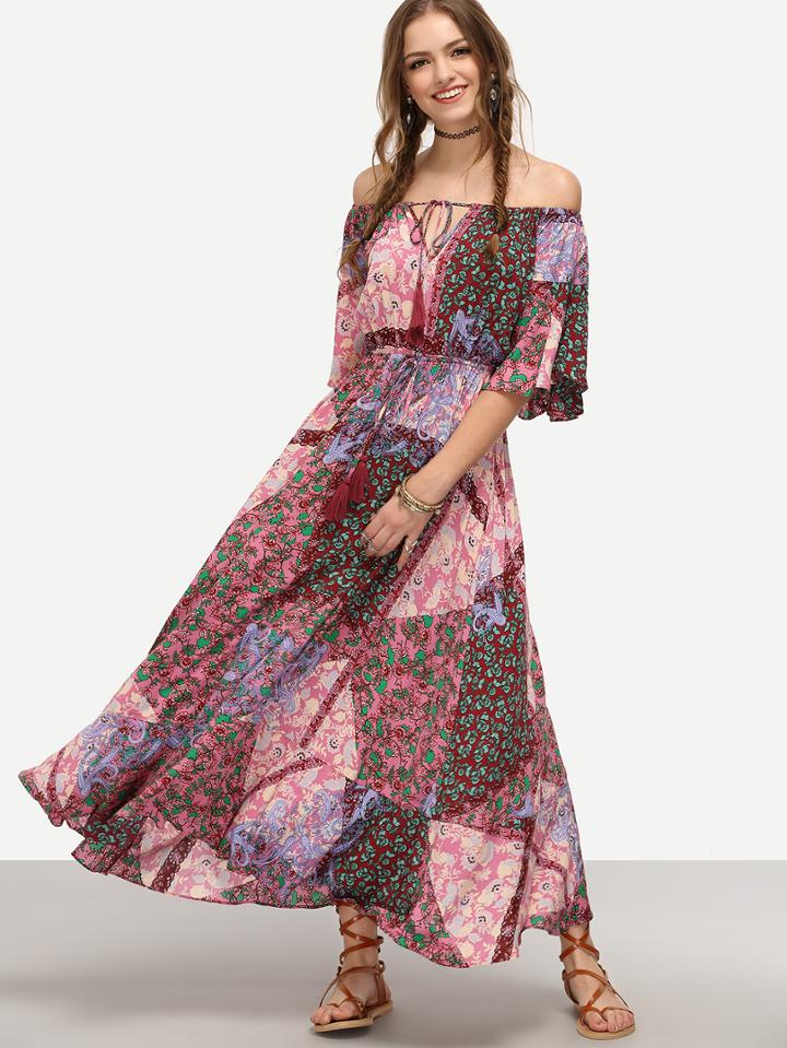Romwe Multicolor Off The Shoulder Printed Maxi Dress