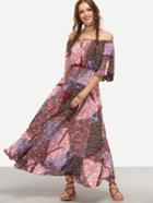 Romwe Multicolor Off The Shoulder Printed Maxi Dress