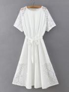 Romwe White Lace Slim Dress With Belt
