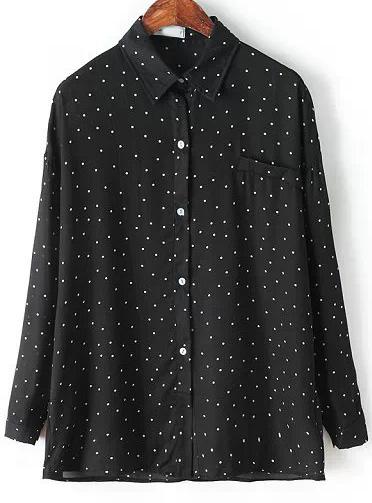 Romwe Black Lapel Long Sleeve Polka Dot Blouse