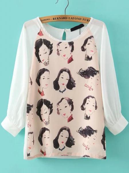 Romwe Long Sleeve Woman Head Print Chiffon Top