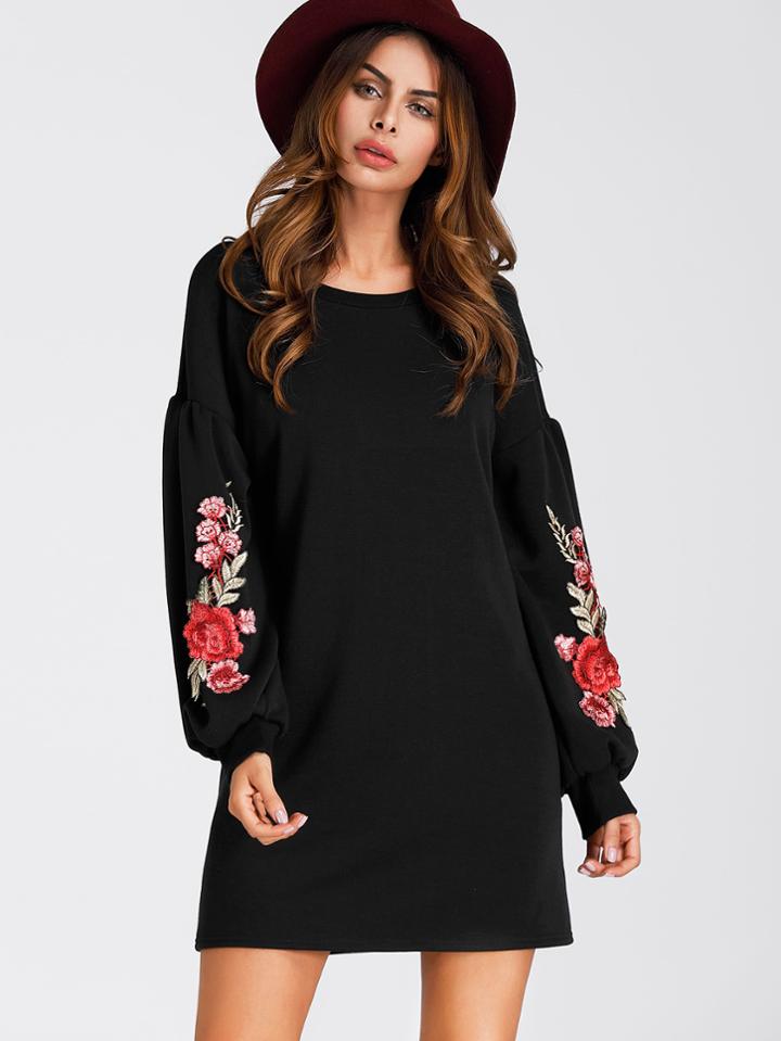 Romwe Lantern Sleeve Embroidered Rose Applique Dress