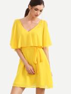 Romwe Yellow V Neck Ruffle Split Sleeve Dress