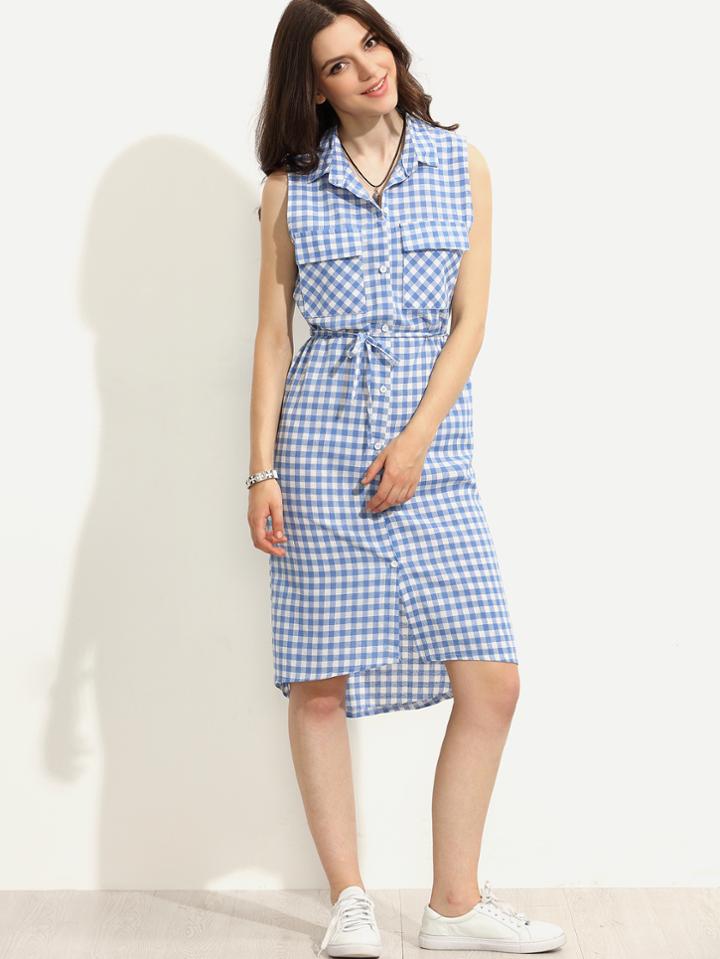 Romwe Blue Sleeveless Plaid Self Tie Shirt Dress