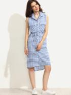 Romwe Blue Sleeveless Plaid Self Tie Shirt Dress
