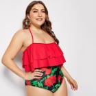 Romwe Plus Tiered Layer Top With Floral Bikini