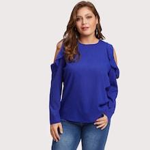 Romwe Plus Cold Shoulder Ruffle Trim Keyhole Back Top