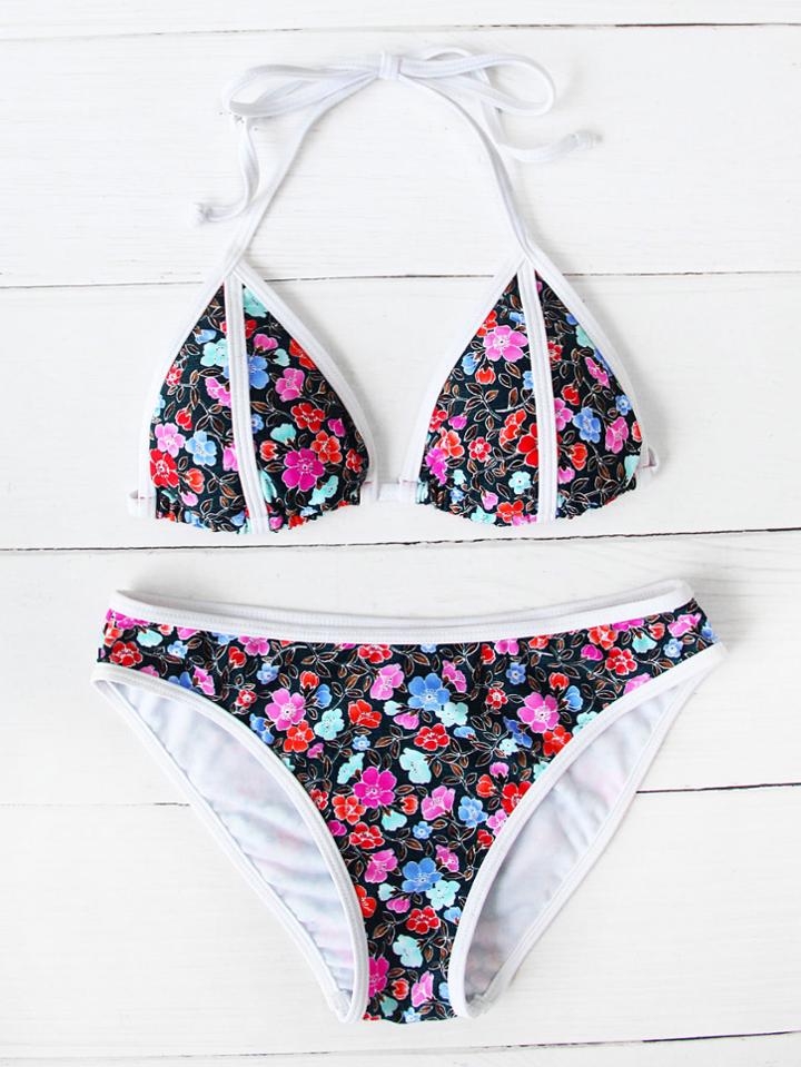 Romwe Calico Print Contrast Trim Halter Bikini Set