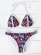 Romwe Calico Print Contrast Trim Halter Bikini Set