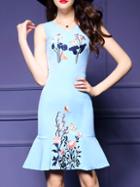 Romwe Blue V Neck Flowers Embroidered Frill Dress