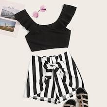 Romwe Ruffle Top & Tie Front Stripe Shorts