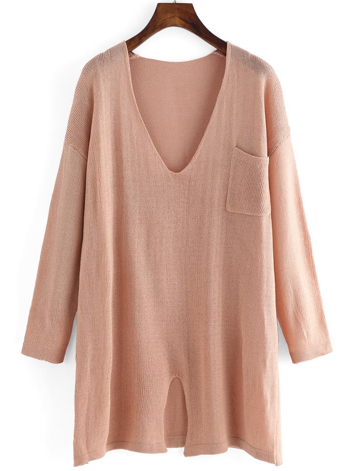 Romwe V Neck Split Front Loose Sweater