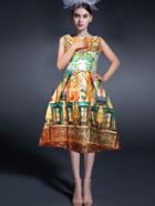 Romwe Sleeveless Vintage Print Flare Dress