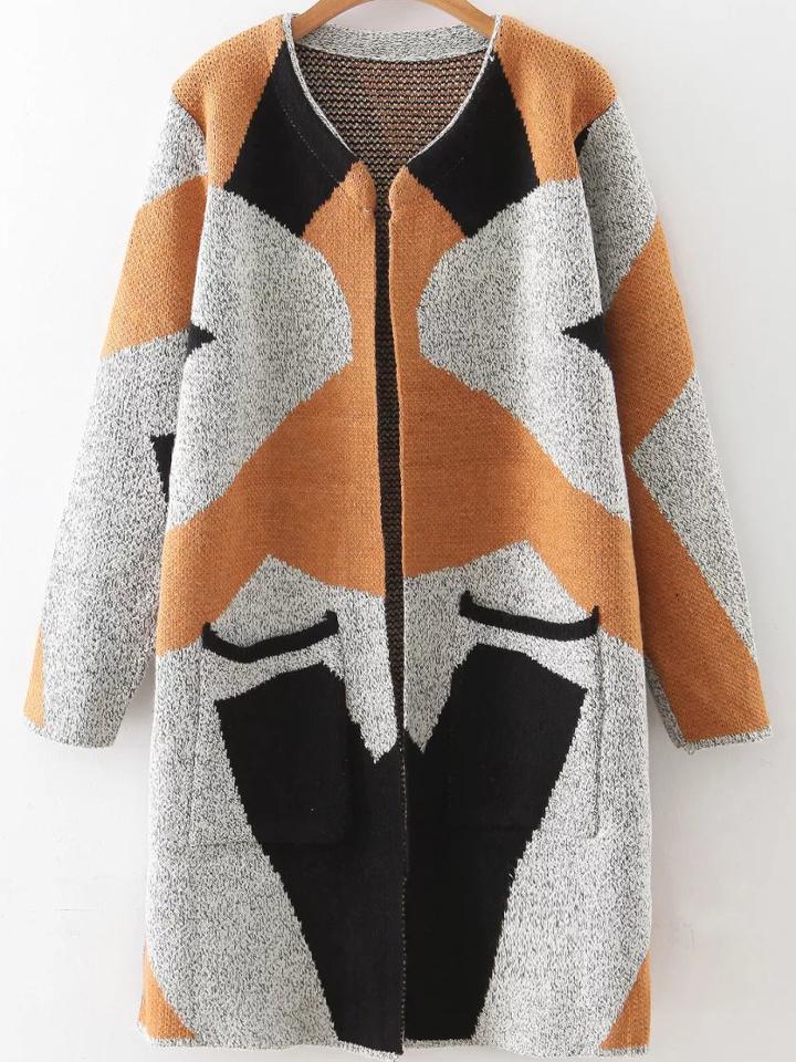 Romwe Khaki Camouflage Pattern Long Cardigan With Pockets