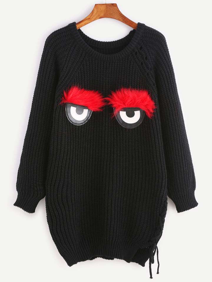 Romwe Black Ribbed Knit Faux Fur Eye Detail Sweater