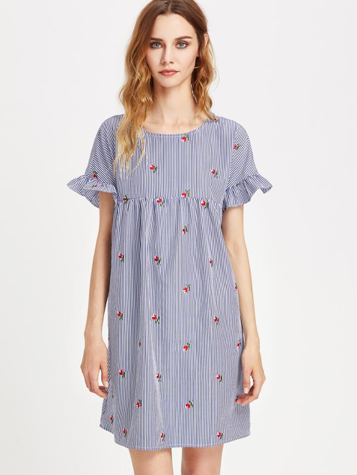 Romwe Keyhole Tie Back Ruffle Sleeve Striped Embroidered Smock Dress