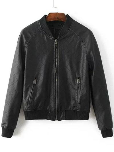 Romwe Black Diamond Pattern Pu Bomber Jacket