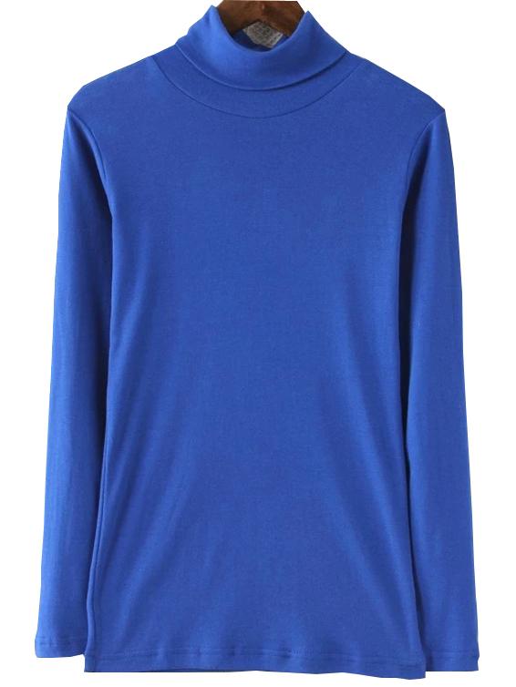 Romwe Turtleneck Long Sleeve Blue T-shirt