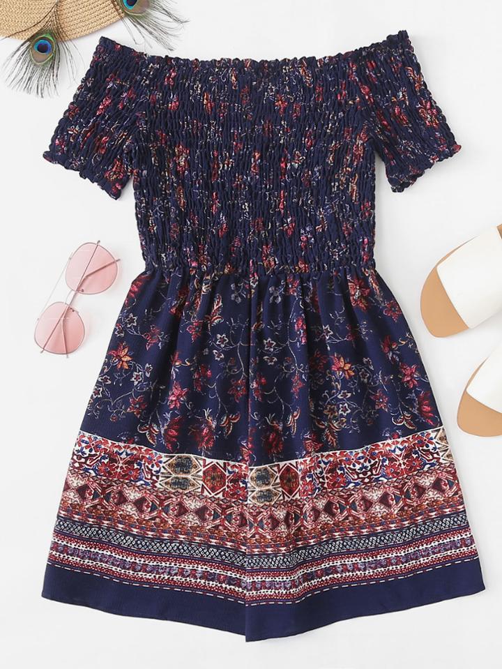 Romwe Off Shoulder Pleated Geo Print Romper