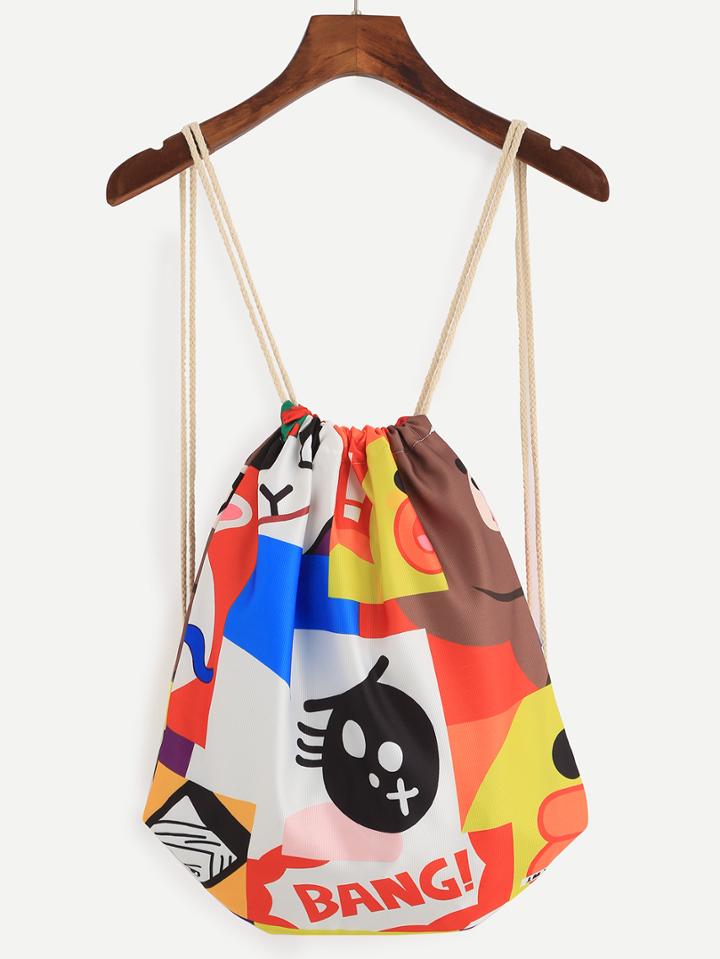 Romwe Multicolor Cartoon Print Drawstring Backpack