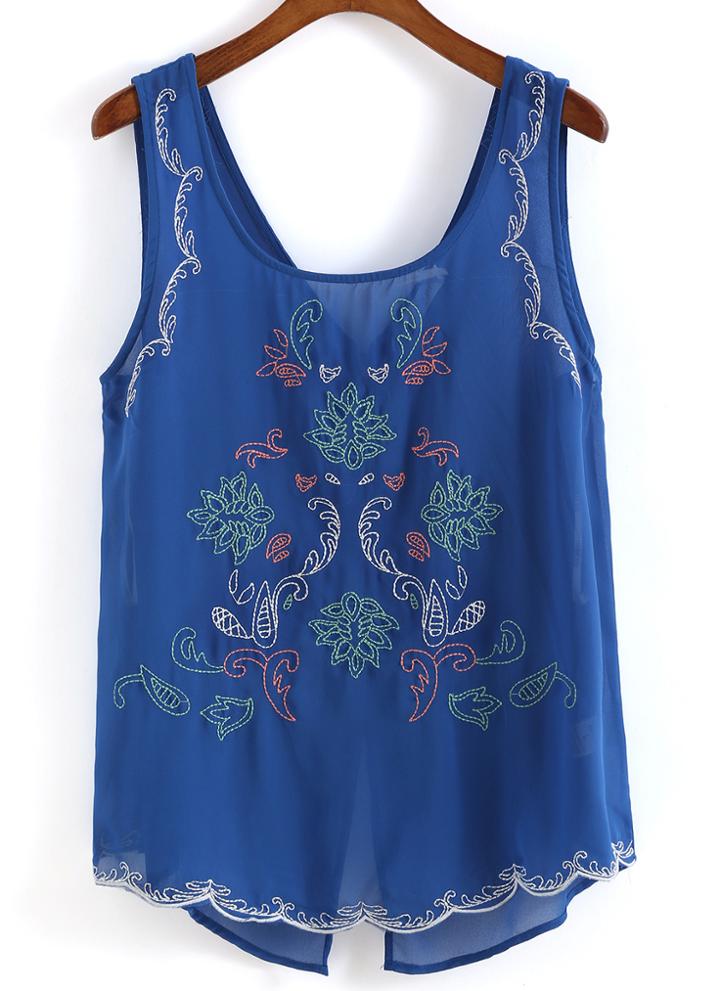 Romwe Back Buttons Embellished Chiffon Blue Tank Top