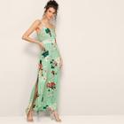 Romwe Large Floral Print Contrast Lace Split Thigh Dress
