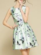 Romwe Green Flower Print Flare Dress