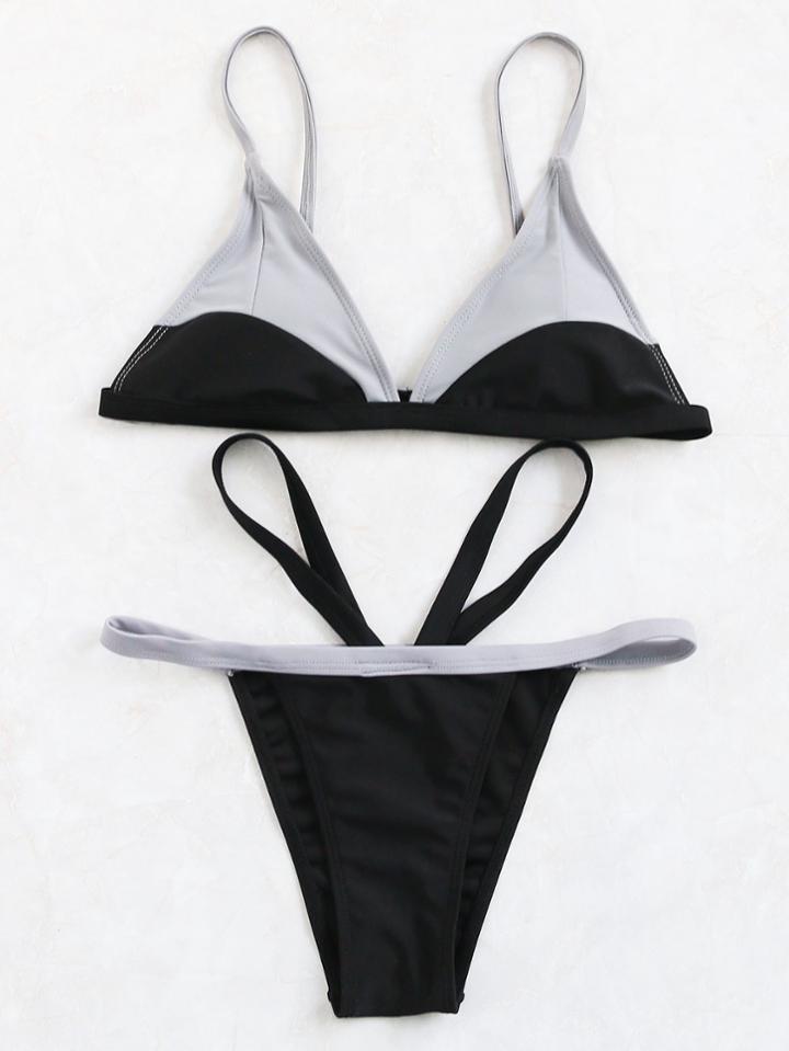 Romwe Color Block Strappy Sexy Bikini Set
