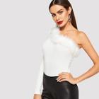 Romwe Faux Fur Contrast One Shoulder Solid Tee