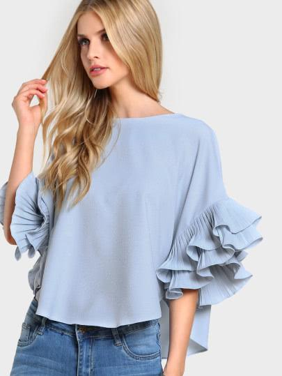 Romwe Pleated Ruffle Sleeve Dolphin Hem Top