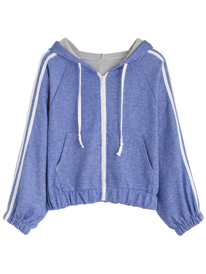 Romwe Blue Varsity Print Drawstring Hooded Jacket