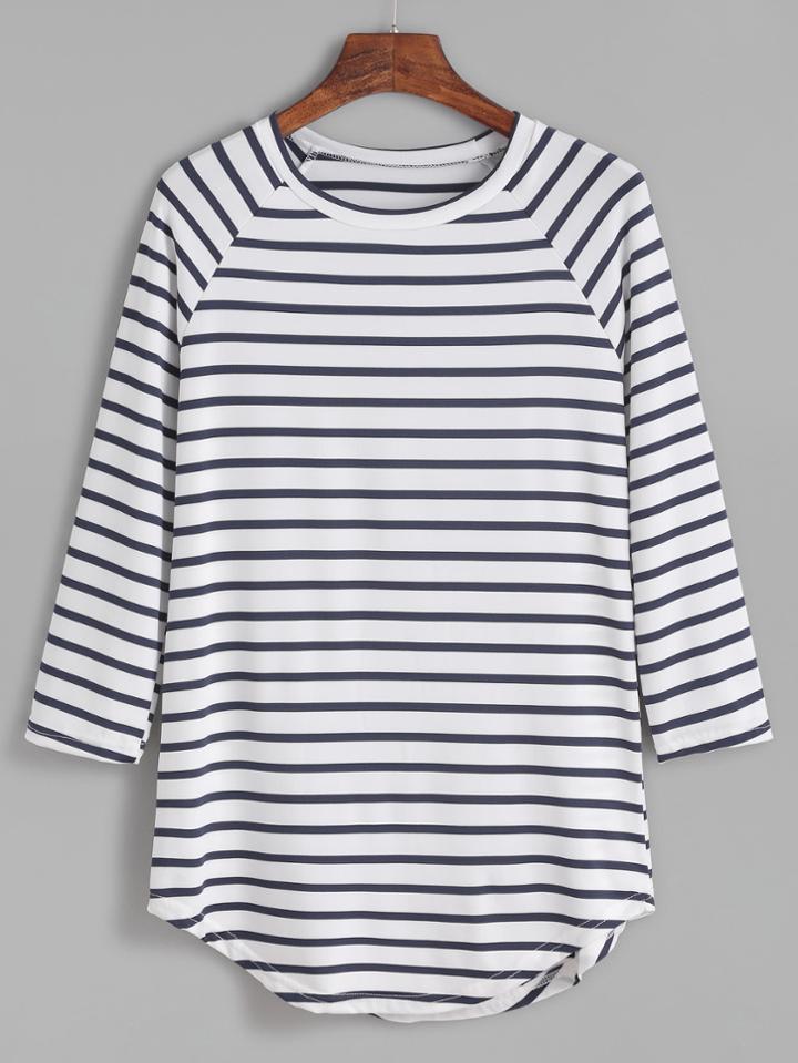 Romwe Contrast Striped Raglan Sleeve Curved Hem T-shirt