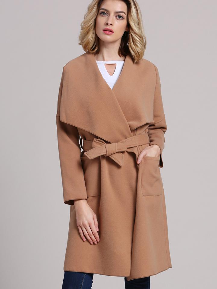 Romwe Khaki Lapel Pockets Coat